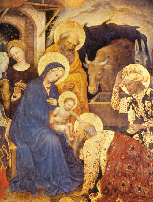 Szűz Máriát és a kis Jézust királyok és barmok között ábrázolják